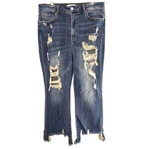 Risen High Waist Straight Leg Jeans Size 1X Distressed Holes Frayed Hem Med Wash